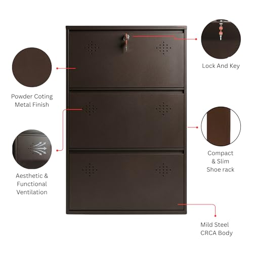Image of 3 Door Wall Mounted Metal Shoe Rack Cabinet with Lock | Space Saving Shoe Storage Cabinet for Home, Entryway & Balcony | Dustproof Ventilated Shoe Organizer | Brown | 39 x 26 x 6 in