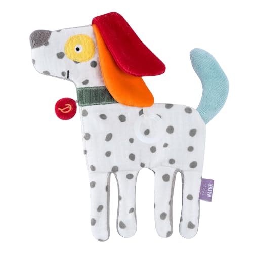 Fehn Knister-Hund NATUR – Activity-Rascheltier aus Baumwolle aus biologischem Anbau zum Greifen, Spielen & Geräusche erzeugen - idealer Begleiter für Babys und Kleinkinder