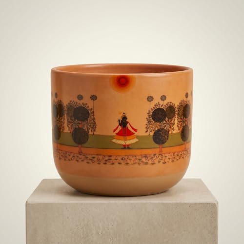 Image of Artisanal Pichwai Heritage Terracotta Planter, Glass Finish, Hand Crafted Shrinathji Motif, 11.4x10 cm | Planter Pot for Home Decor | Pooja Ghar Special Edition