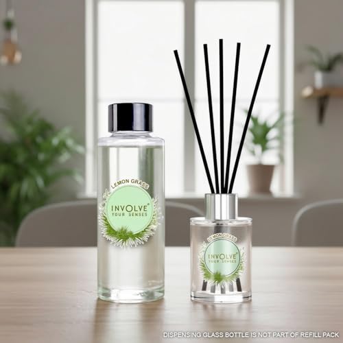 Image of Involve Lemongrass Reed Diffuser Refill with Free 10 Reed Sticks - 120 ml | Long-Lasting Home Aroma Diffuser for Living Room, Bedroom & Gifting | Home Decor | Home Fragrance | Diffuser for Home