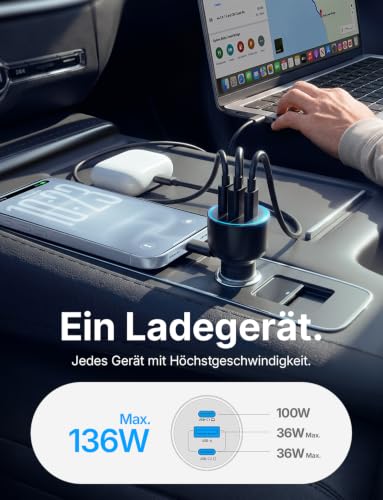 LISEN 136W 3 in1 Zigarettenanzünder Schnellladen USB C 100W & 36W PD3.2 AVS – Ansicht 3