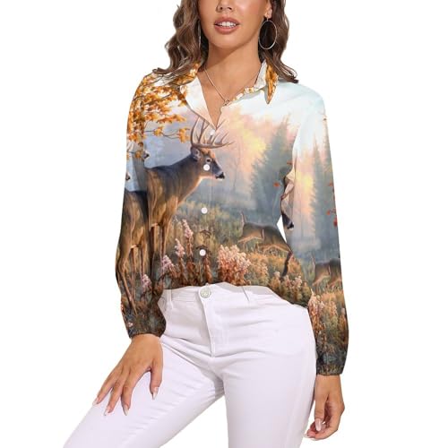 JiuPopular Chemisier à manches longues pour femme, motif famille de cerfs de chasse, chemise boutonnée pour le travail et les fêtes, Famille de cerfs de chasse, L