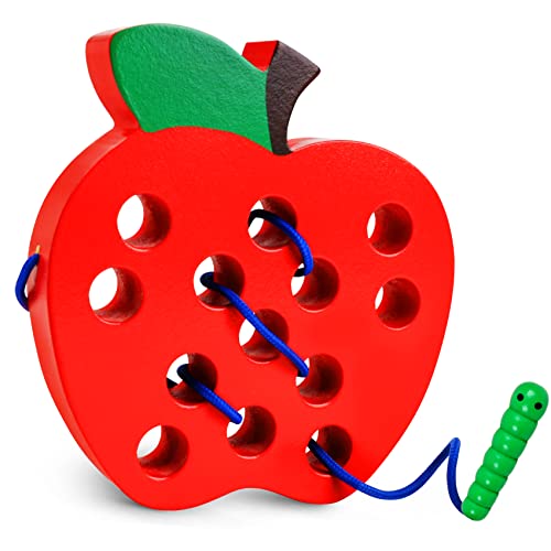 Image of Skrtuan Wooden Lacing Apple Toy for Toddlers 3-5 Years Old, Montessori Fine Motor Skills Threading Puzzle, Educational Travel Gift for Boys & Girls