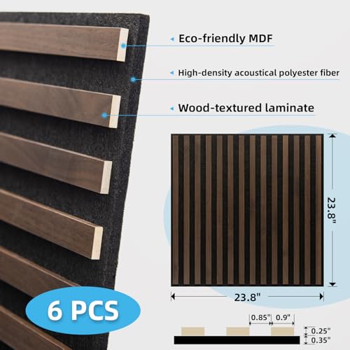 Image of Art3d 6-Pack Acoustic Wood Slat Panel & Ceiling Tile, 2 x 2 ft, Walnut