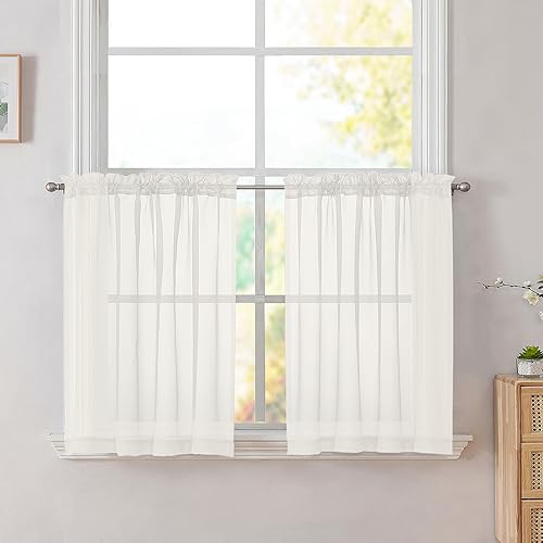 Image of Simplebrand Ivory Tier Curtains for Kitchen 24 Inches Long 2 Panels Set, Rod Pocket Cafe Curtain Light Filtering Sheer Short Curtains for Bathroom /Basement Half Window 42 x 24 Inch, 2Pcs, Ivory