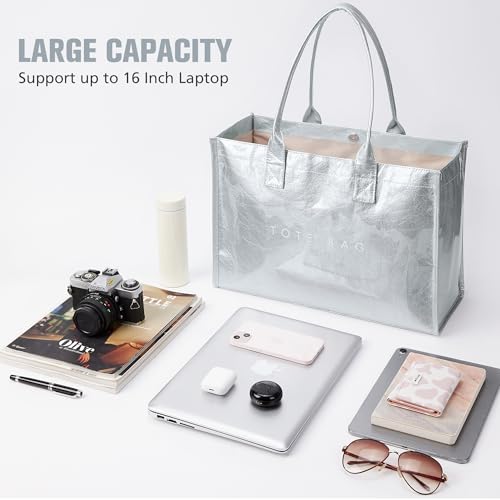 Image of KALIDI PVC Tote Bag Women's Kraft Paper Work Handbags Purses with Top Handle
