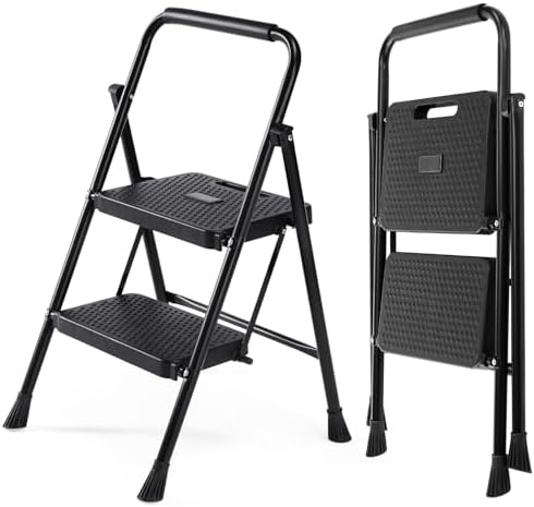 DUMOS Step Ladder, 2 Step Stool Foldable with Anti-Slip Pedal 800lbs Capacity Sturdy Steel Ladder, Portable Heavy Duty Step Stool for Kitchen, Garage & Outdoor Use, Black