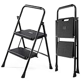 DUMOS Step Ladder, 2 Sturdy Step Stool with Anti-Slip Pedal & Comfortable Handrail, Portable Heavy Duty Step Stool for Kitchen, Garage & Outdoor Use, 800lbs, Black