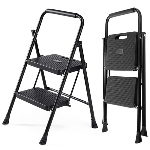 DUMOS Step Ladder, 2 Sturdy Step Stool with Anti-Slip Pedal & Comfortable Handrail, Portable Heavy Duty Step Stool for Kitchen, Garage & Outdoor Use, 800lbs, Black
