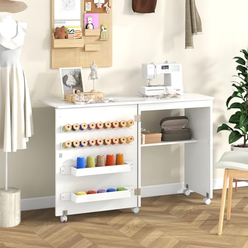 GIANTEX Armario de Costura Plegable 2 en 1, Mesa de Coser con 5 Ruedas, Mesa Multiusos con Compartimento Abierto, Estantes y Soportes para Carretes de Hilo, Mueble para Máquina de Coser (Blanco)