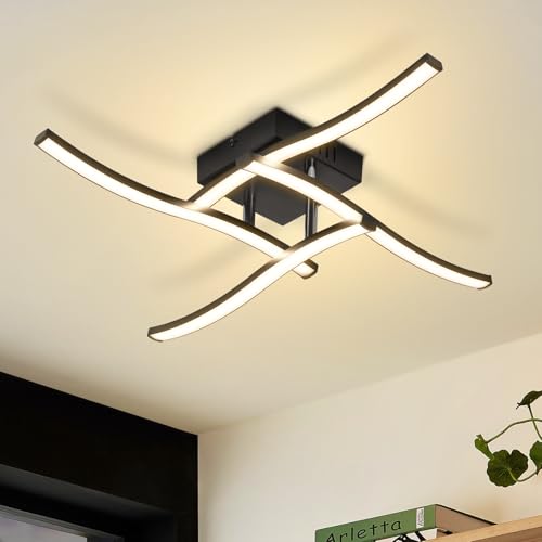 Homefire LED Deckenlampe Wohnzimmer Deckenleuchte: 24W Wohnzimmerlampe Schwarz Modern Schlafzimmer Lampe Decke 3000K Wellen Design Küchenlampe Warmweiß Deckenbeleuchtung für Küche Flur Büro