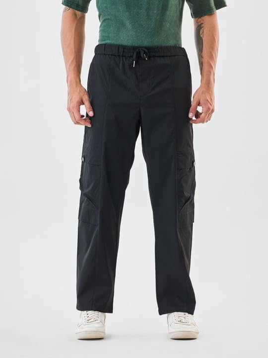 Image of Men's Cotton Cargo Pants | Straight Fit Casual Trousers for Men with Pockets | Lightweight & Breathable Pants with Elastic Waistband & Drawstring | Comfortable Lower for Mens