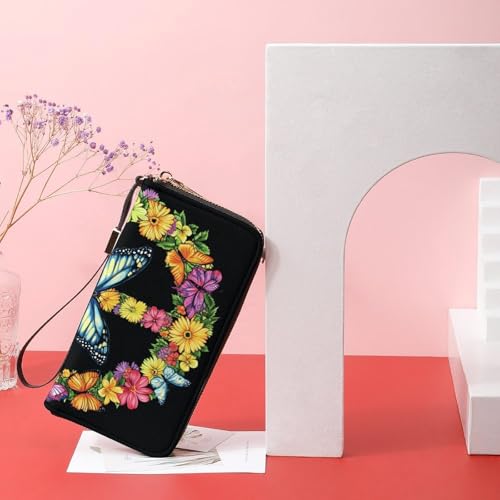 Portefeuille long compagnon en cuir imprimé paix et fleurs - 7