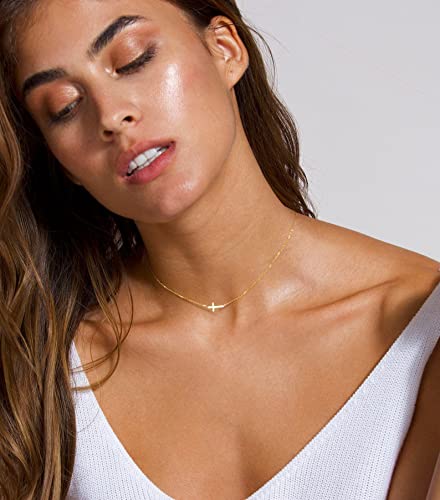 Dearmay Dainty Tiny Gold Sideways Cross Necklaces For Women, 14K Gold Cross Necklace For Women Simple Small Mini Gold Cross Pendant Necklace Thin Chain Choker Necklaces Jewelry For Women Girls Gift #TOP1