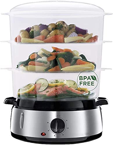 Electric Food Steamer for Cooking 800 W Electric Vegetable Steamer with 3-Tier Stackable Basket, Auto Shut-off 60-min Timer, Rice bowl Included, 9.5QT