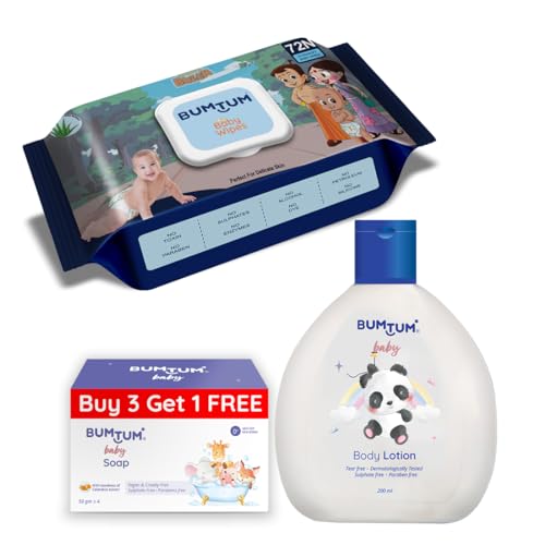 Image of Bumtum Chota Bheem Gentle Soft Moisturizing Wet Wipes With Lid - 72 Pcs.(Pack of 1) & Baby Soap (4N x 50 Gram) & Baby Body Lotion (200 ML) Combo