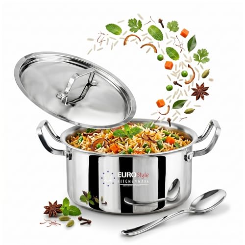 EUROStyle 32CM Professional Stainless Steel Triply Biryani Pot with Lid, Heavy Duty, Deep Cooking Vessel, ISI Mark Certified, Ideal for Biryani, Curri