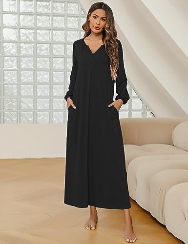 Marvmys Womens Cotton Long Sleeve Nightgown Long Sleepshirts Full Length Henley Sleep Dress with Pockets2
