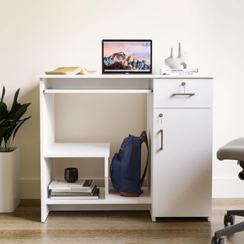 Image of Buker Engineered Wood Computer Desk with Storage Cabinet and Drawer | Multi-Purpose Study Table | Computer Table for Students | Office Table with 1 Drawers | 1 Year Warranty - White