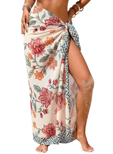 Herseas Womens Swim Cover Up Sheer Sarong High Slit One Size Bathing Suits Coverups 2026 Summer Long Chiffon Wraps Sarong Tie Side Chic Vine Floral Print Swimwear Cruise Essentials