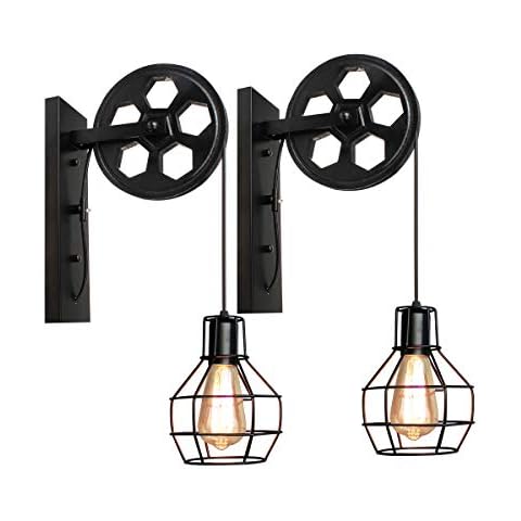 iDEGU 2 Pack Retro Industrial Style Wall Lights, Vintage Metal Wall Lamps Pulley Design Wall Light Fixtures for Corridor Bar Restaurant (Black) Cover
