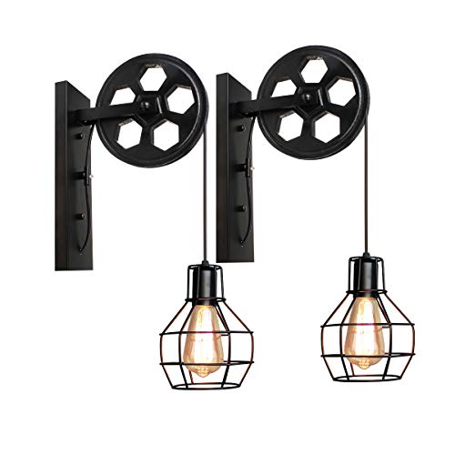 iDEGU 2 Stücke Industrial Wandlampen, Vintage Wandleuchten im Riemenscheibe Design Retro Lampe aus Metall und Holz Hängelampe Wandlampe für Schlafzimmer Wohnzimmer Restaurant Café Bar Flur - Schwarz