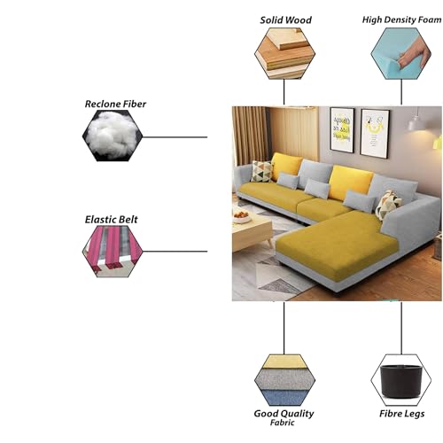 Image of Galib RHS 6 Seater L Shape Sofa Set for Living Room (Yellow Grey Fabric) Premium Fabric Sofa