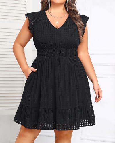 Image of Talisea Women's Plus Size Summer Dress - Casual V-Neck Flutter Sleeves A-Line Short Sun Dress with Pockets for Beach Vacation