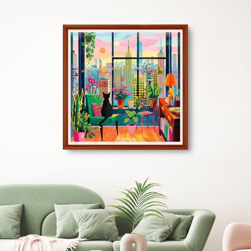 Image of Hopeart Stamped Cross Stitch Kits for Beginner Embroidery Kits for Beginners Adults DIY 11CT Cross Stitch Patterns Needlepoint Kits Crossstitching Kits-Cat Scenery on the windowsill 18x18 inchs