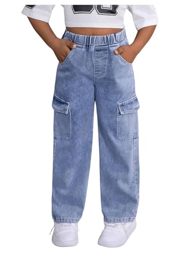 Floerns Girl's Elastic Waist Jeans Flap Pocket Straight Leg Cargo Denim Pants