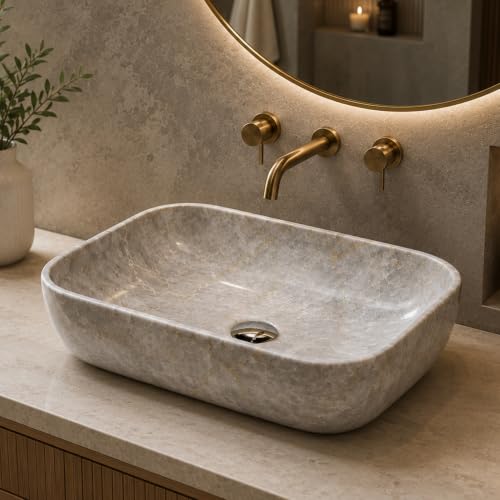 Image of Ceramic Tabletop Wash Basin - Glossy Rectangular Countertop Vessel Sink with Marble Finish for Bathroom & Vanity | Compact 18 x 13 x 5 Inch | Elegant Washbasin