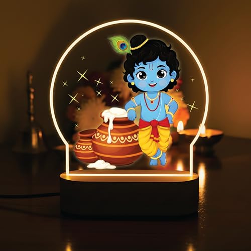 Image of Giftplease Divine Bal Krishna LED Lamp - Warm Glow Decorative Night Light for Home Mandir, Kids Room & Gifting - Vibrant Makhan Chor & Murali Manohar Printed Designs GL 09