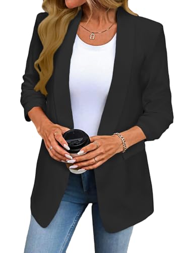 Mina Self Women's 3/4 Sleeve Blazers Ruched 2025 Fall Shawl Collar Open Front Casual Trendy Work Office Jackets Pockets2