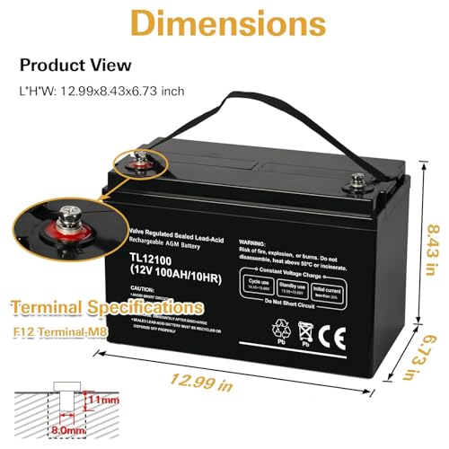 Image of Weize Deep Cycle AGM 12 Volt 100Ah Battery, Maintenance-Free, 3% Self-Discharge Rate, 1150A Max Discharge Current, Perfect for RV, Solar, Trolling Motor, Wind, Marine, Camping and Off-Grid System