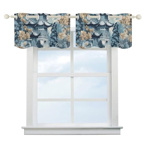 Cortinas con cenefa de estilo chinoiserie de pagoda azul, pack de 2 para cocina 3