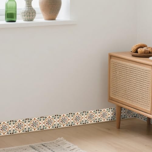 Image of Nuxovilar Boho Retro Floral Peel Stick Wall Border PVC 3.94x16.4' | Wall Trim, Molding Decal, Peel Stick Border, Adhesive Frame, for Bedroom, Kitchen, Living Room (Boho Floral)