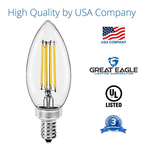 Great Eagle Lighting Corporation Candelabra B11 Led Light Bulbs 60W Equivalent 500 Lumens, Dimmable, Filament E12 Candle 3000K (Soft White), Ul Listed, (6 Pack) #TOP1