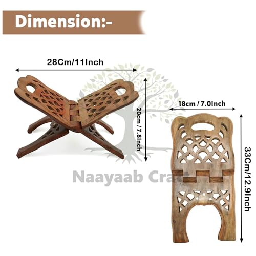 Image of Naayaab Craft Handmade & Handcraft Sheesham Wooden Book Holder Display Stand | Folding Religious Prayer Free Reading Stand with Intricate Carvings| Rehal for Religious Holy Books - Size 13 inch