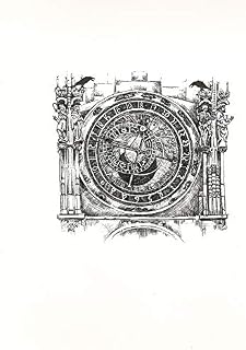 8X10 INCH PRINT OF ORIGINAL PAINTING SKETCH GRAPHITE RYTA ASTROLOGICAL CLOCK TOWER PRAGUE CZECH REPUBLIC EUROPE INTERIOR HOME DESIGN DECOR DECORATION FINE WALL ART