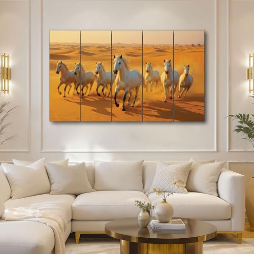 Image of The Castle Decor Running Horses with Rising Sun Vastu Painting | Wooden Frame Multi-Panel Wall Art for Living Room (Multi Color - Design 9, 36x60 Inch)