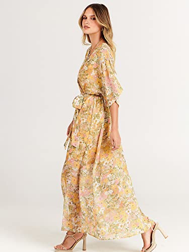 Image of ANRABESS Womens Boho Floral Wedding Guest Maxi Dress | Flowy A-Line Chiffon with Slit, Elegant V Neck Wrap Elastic Waist, Casual 1 /2 Sleeve Spring Summer Outfits, Tea Party