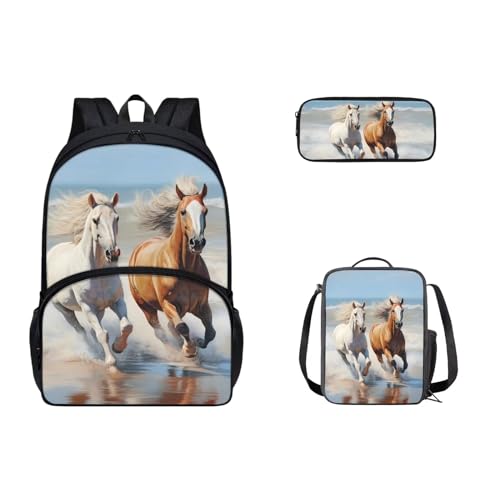 Zaino per bambini per la scuola Sachool zaino con portapranzo e astuccio 3 pezzi Cavallo Mare 17 pollici