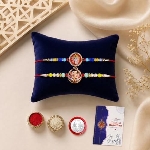 Image of Oblivion Rakhi For Brother - Elegant Stylish God Designer Rakhi with Beads and Silver Colour Pooja Coin, Tilak Set & Greeting Card - Traditional Raksha Bandhan Combo for Bhai