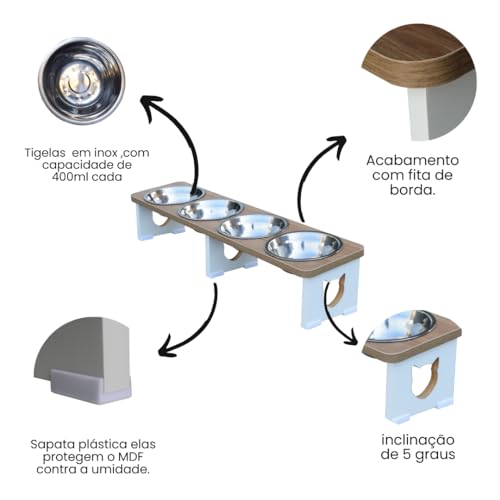 Comedouro Elevado Quadruplo Gato Linear Pet MDF - Inox