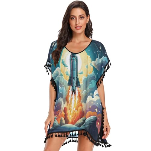 Moon Space Rocket Cartoon Fire Art Women's Beach Cover Up Chiffon Tassel Swimwear Swimsuit Coverups for Girl