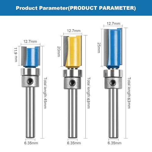 X spring Straight Router Bit Set, 3 PCS 1/4 Shank Flush Trim Router Bits with Top Bearing, Professional Woodworking Milling Cutter for Pattern Trimming and Edge Cutting