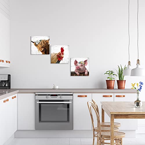 Farm Animal Farmhouse Wall Art: Highland Cow Rooster Pig Head Picture For Kitchen, 3 Piece Rustic Farmhouse Decor Vintage Canvas Print Living Room Home Decoration #TOP1