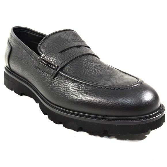 Casadei Men's Black Soft Leather Comfort Penny Loafers, Lug Sole