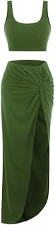 Women's Casual Sleeveless Summer Solid Marled Crop Top and Draped Ruched Maxi Skirt Set Two Piece Dress