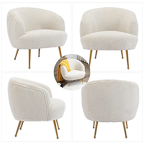 Duomay Modern Accent Chair Armchair Sherpa Upholstered Barrel Chair With Golden Legs Comfy Lounge Chair Single Sofa Armchair Club Chair For Living Room Bedroom Office,White #TOP1